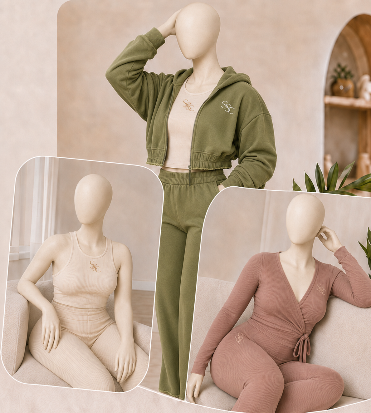 Three Soft Strength Co. looks in olive, cream, and dusty rose